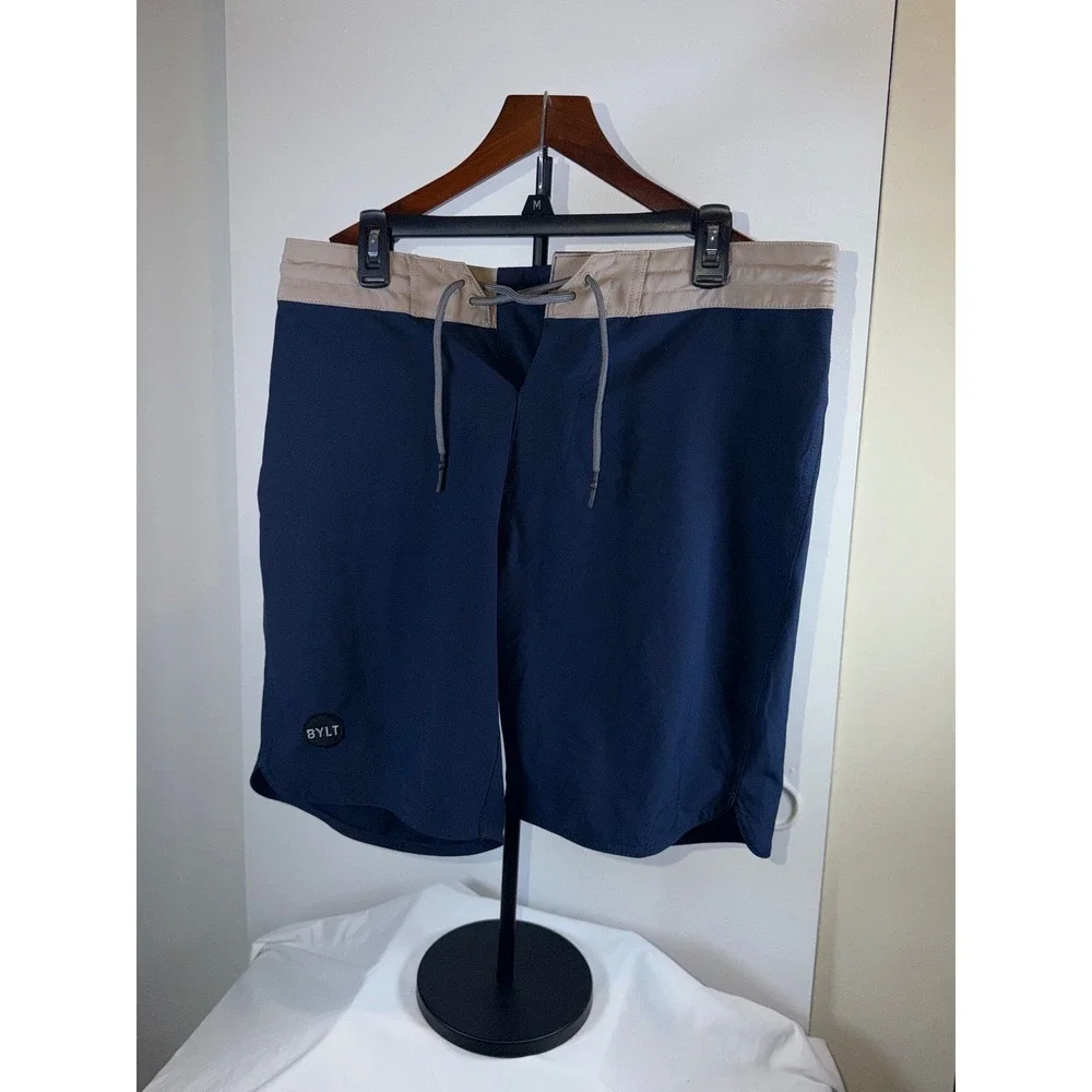 BYLT Board Shorts Mens Large Navy Tan Performance Swim Trunks Zipper Pocket